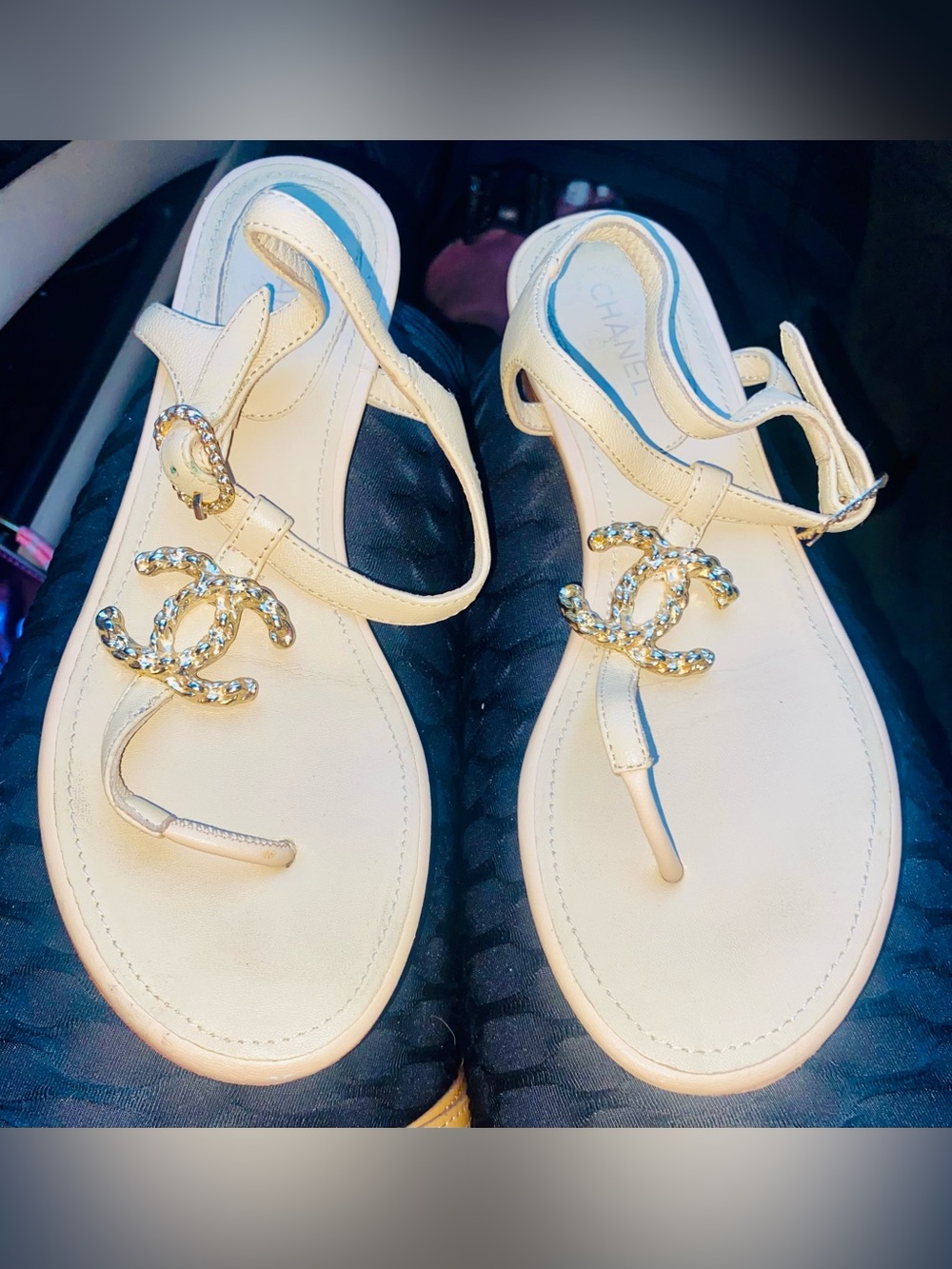 Chanel Lambskin Pearl Crystal CC Thong Sandals